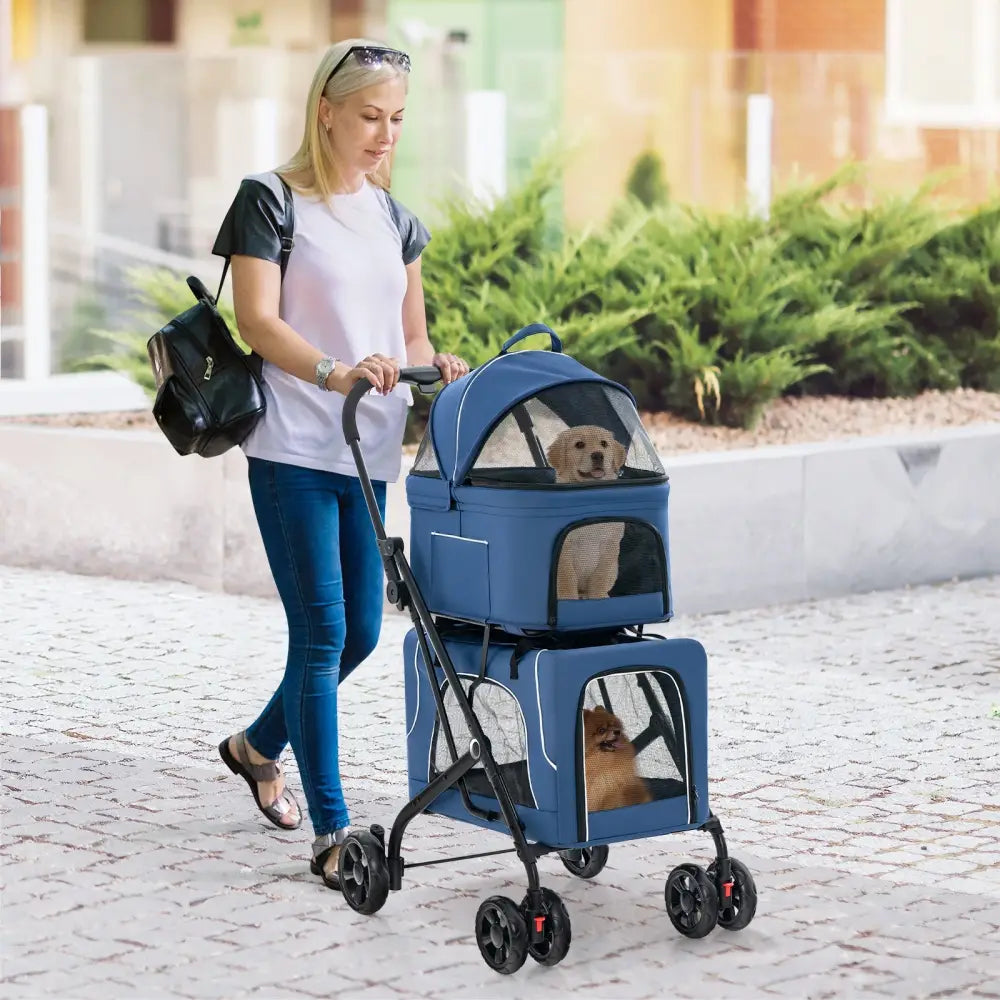 Double Pet Stroller Foldable 3-in-1 Dog Stroller with 2 Detachable Carriers-Blue - Blue - Dog Supplies