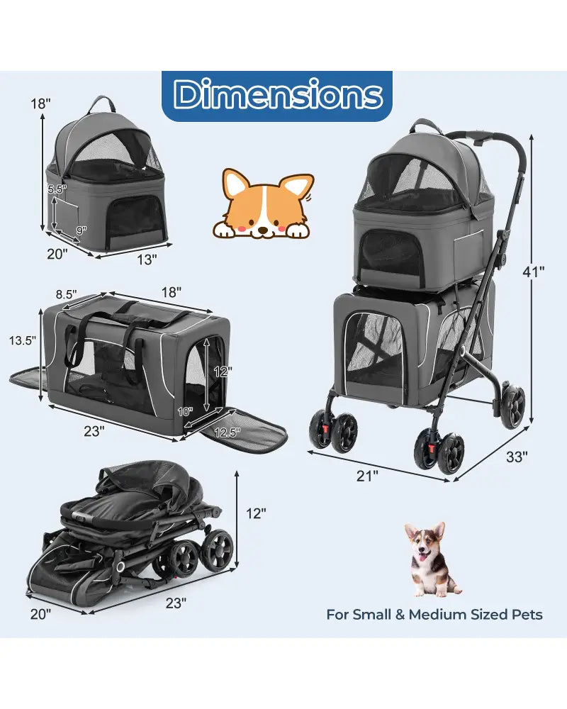 Double Pet Stroller Foldable 3-in-1 Dog Stroller with 2 Detachable Carriers-Gray - Gray - Dog Supplies