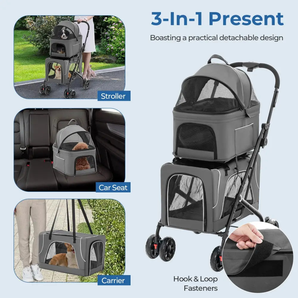 Double Pet Stroller Foldable 3-in-1 Dog Stroller with 2 Detachable Carriers-Gray - Gray - Dog Supplies