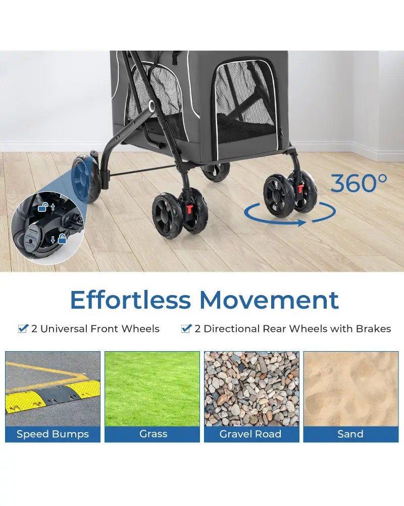 Double Pet Stroller Foldable 3-in-1 Dog Stroller with 2 Detachable Carriers-Gray - Gray - Dog Supplies