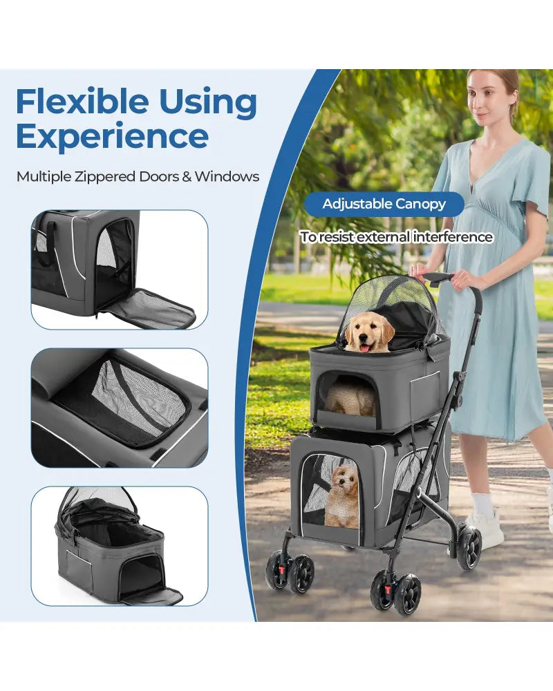 Double Pet Stroller Foldable 3-in-1 Dog Stroller with 2 Detachable Carriers-Gray - Gray - Dog Supplies