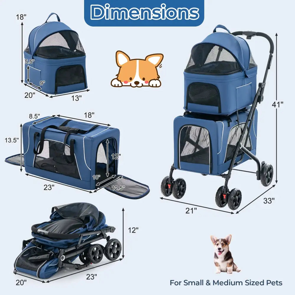 Double Pet Stroller Foldable 3-in-1 Dog Stroller with 2 Detachable Carriers-Blue - Blue - Dog Supplies