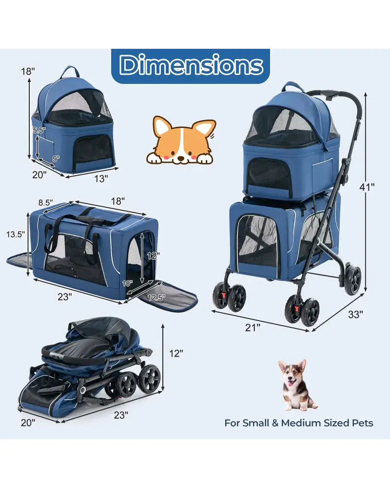 Double Pet Stroller Foldable 3-in-1 Dog Stroller with 2 Detachable Carriers-Blue - Blue - Dog Supplies