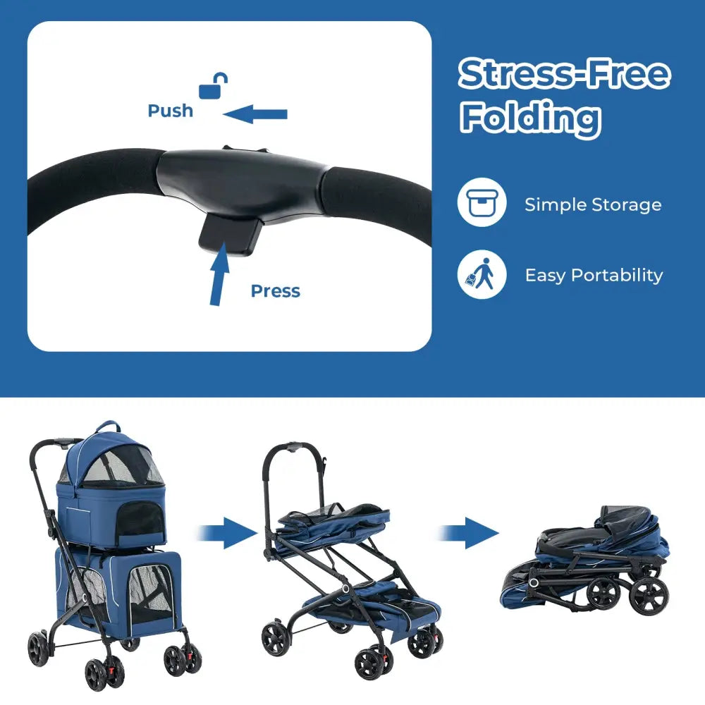 Double Pet Stroller Foldable 3-in-1 Dog Stroller with 2 Detachable Carriers-Blue - Blue - Dog Supplies
