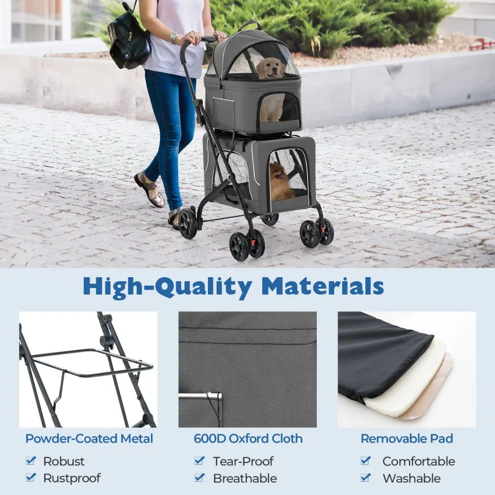 Double Pet Stroller Foldable 3-in-1 Dog Stroller with 2 Detachable Carriers-Gray - Gray - Dog Supplies