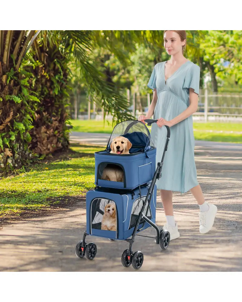 Double Pet Stroller Foldable 3-in-1 Dog Stroller with 2 Detachable Carriers-Blue - Blue - Dog Supplies