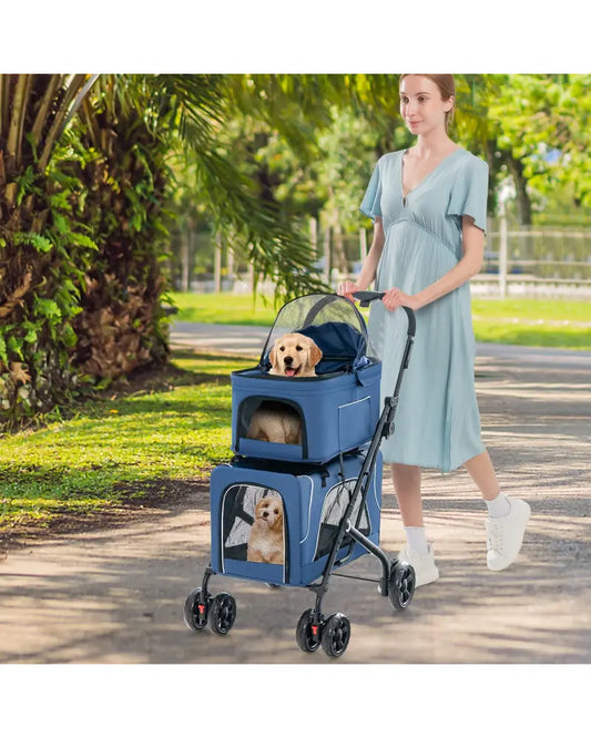 Double Pet Stroller Foldable 3-in-1 Dog Stroller with 2 Detachable Carriers-Blue - Blue - Dog Supplies