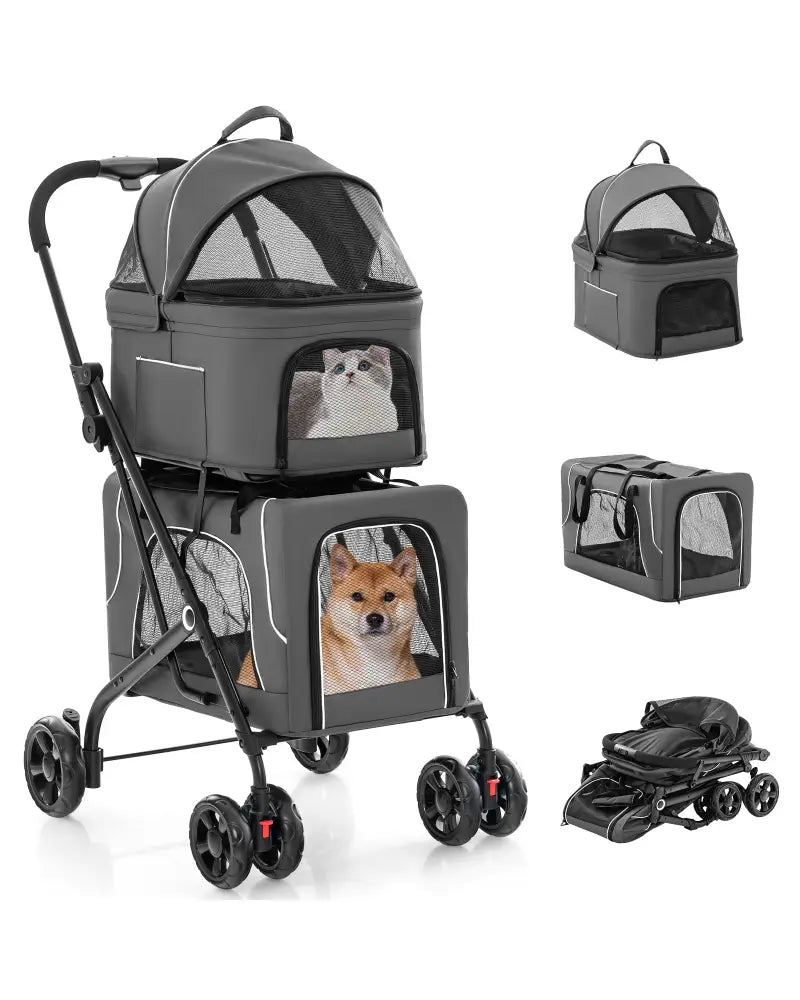 Double Pet Stroller Foldable 3-in-1 Dog Stroller with 2 Detachable Carriers-Gray - Gray - Dog Supplies