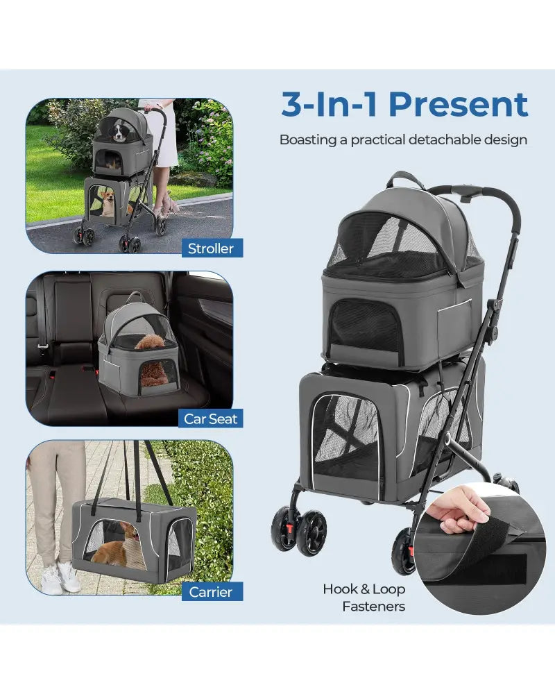 Double Pet Stroller Foldable 3-in-1 Dog Stroller with 2 Detachable Carriers-Gray - Gray - Dog Supplies