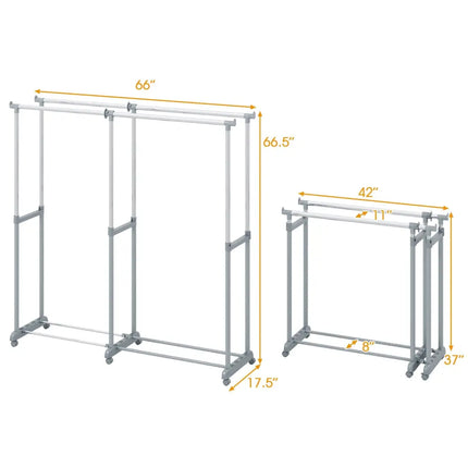 Double Rod Clothes Rack Heavy-Duty Metal Garment Rack - Silver - Clothing & Closet Storage