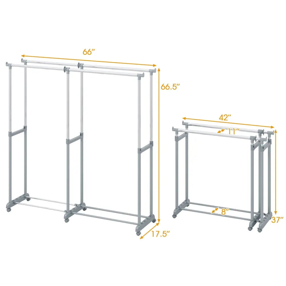 Double Rod Clothes Rack Heavy-Duty Metal Garment Rack - Silver - Clothing & Closet Storage