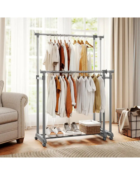 Double Rod Clothes Rack Heavy-Duty Metal Garment Rack - Silver - Clothing & Closet Storage