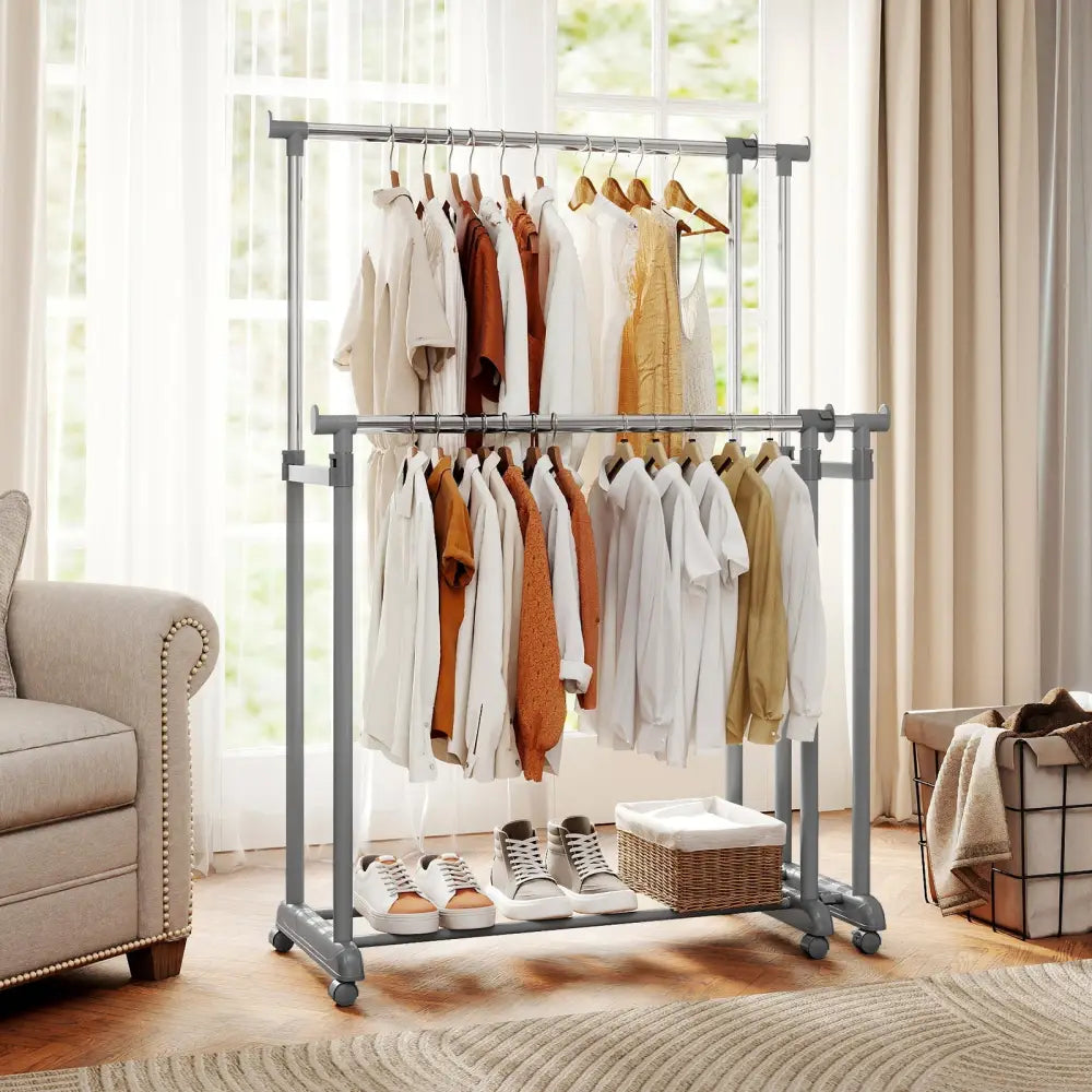 Double Rod Clothes Rack Heavy-Duty Metal Garment Rack - Silver - Clothing & Closet Storage