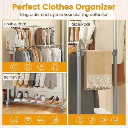 Double Rod Clothes Rack Heavy-Duty Metal Garment Rack - Silver - Clothing & Closet Storage