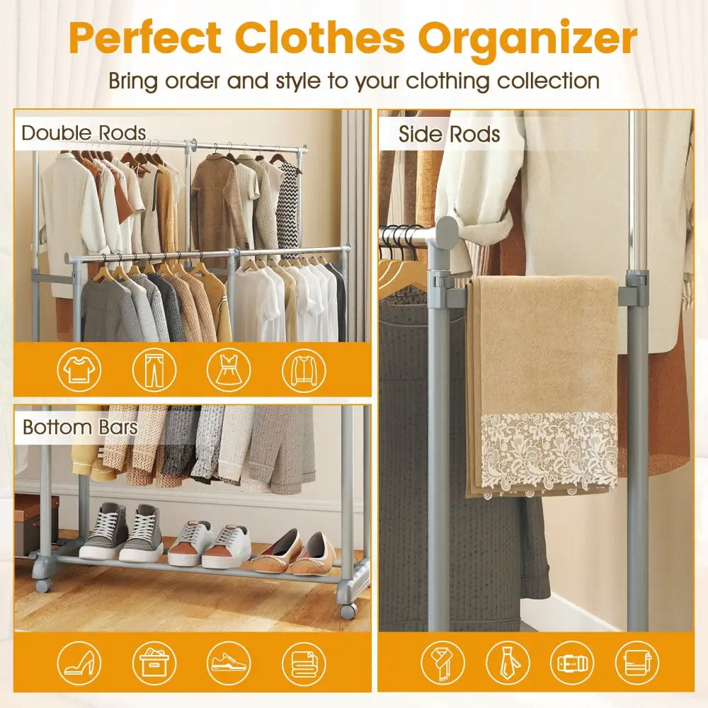 Double Rod Clothes Rack Heavy-Duty Metal Garment Rack - Silver - Clothing & Closet Storage