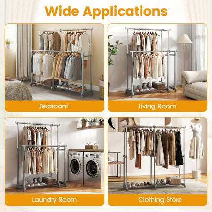 Double Rod Clothes Rack Heavy-Duty Metal Garment Rack - Silver - Clothing & Closet Storage