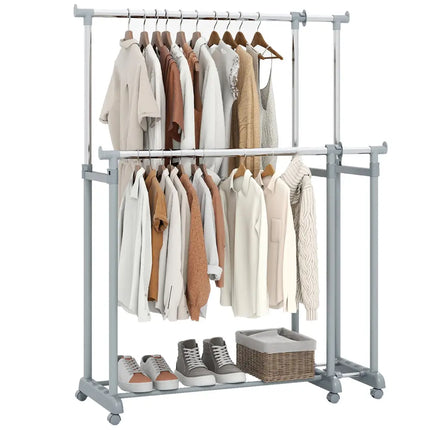 Double Rod Clothes Rack Heavy-Duty Metal Garment Rack - Silver - Clothing & Closet Storage