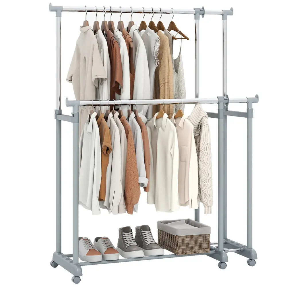 Double Rod Clothes Rack Heavy-Duty Metal Garment Rack - Silver - Clothing & Closet Storage