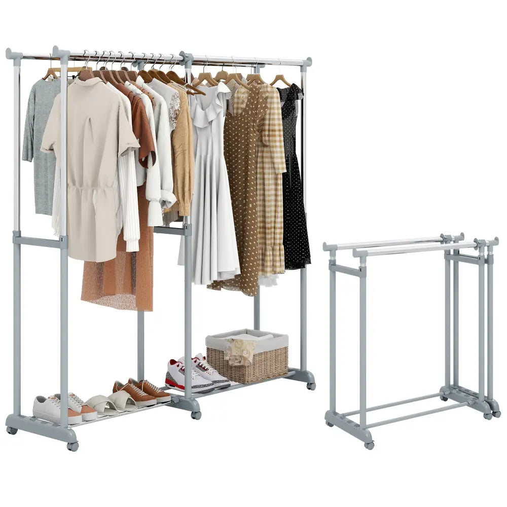 Double Rod Clothes Rack Heavy-Duty Metal Garment Rack - Silver - Clothing & Closet Storage