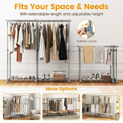 Double Rod Clothes Rack Heavy-Duty Metal Garment Rack - Silver - Clothing & Closet Storage
