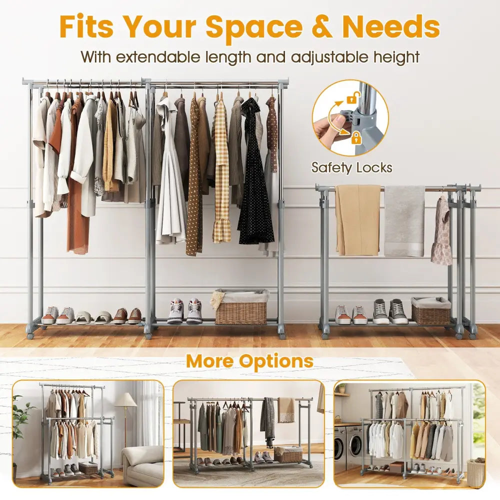 Double Rod Clothes Rack Heavy-Duty Metal Garment Rack - Silver - Clothing & Closet Storage