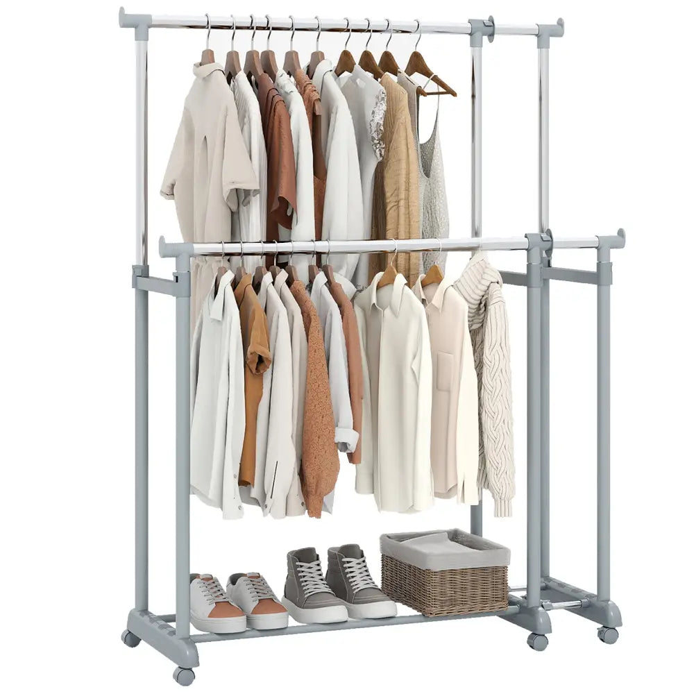Double Rod Clothes Rack Heavy-Duty Metal Garment Rack - Silver - Clothing & Closet Storage
