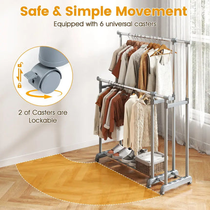 Double Rod Clothes Rack Heavy-Duty Metal Garment Rack - Silver - Clothing & Closet Storage