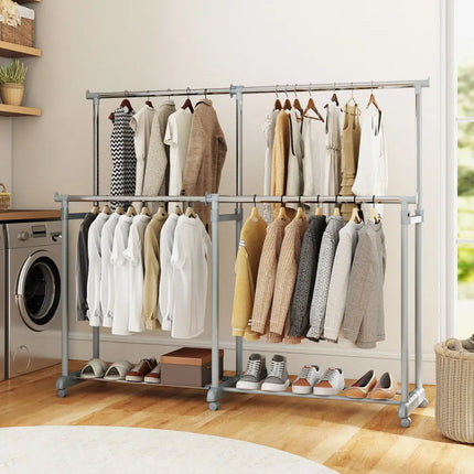 Double Rod Clothes Rack Heavy-Duty Metal Garment Rack - Silver - Clothing & Closet Storage