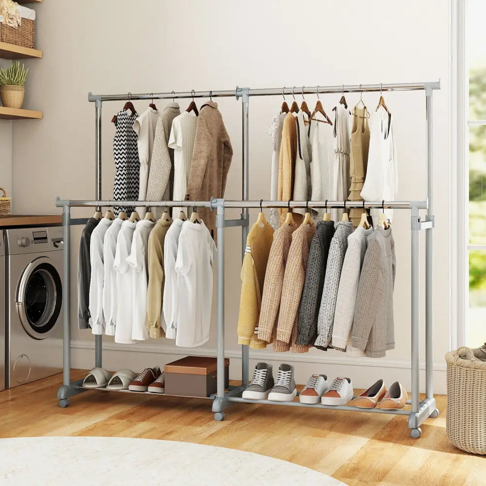 Double Rod Clothes Rack Heavy-Duty Metal Garment Rack - Silver - Clothing & Closet Storage