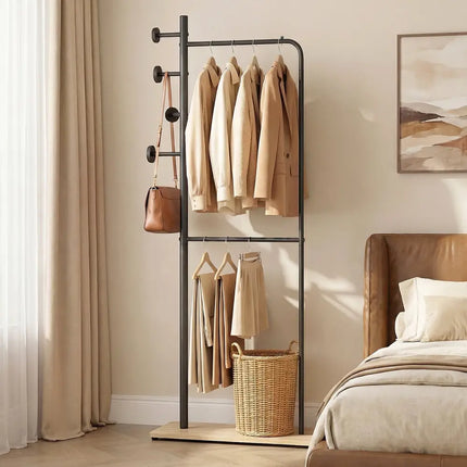Double Rods Clothes Hanging Rack with Rubber Wood Hooks - Coat Racks & Hall Trees