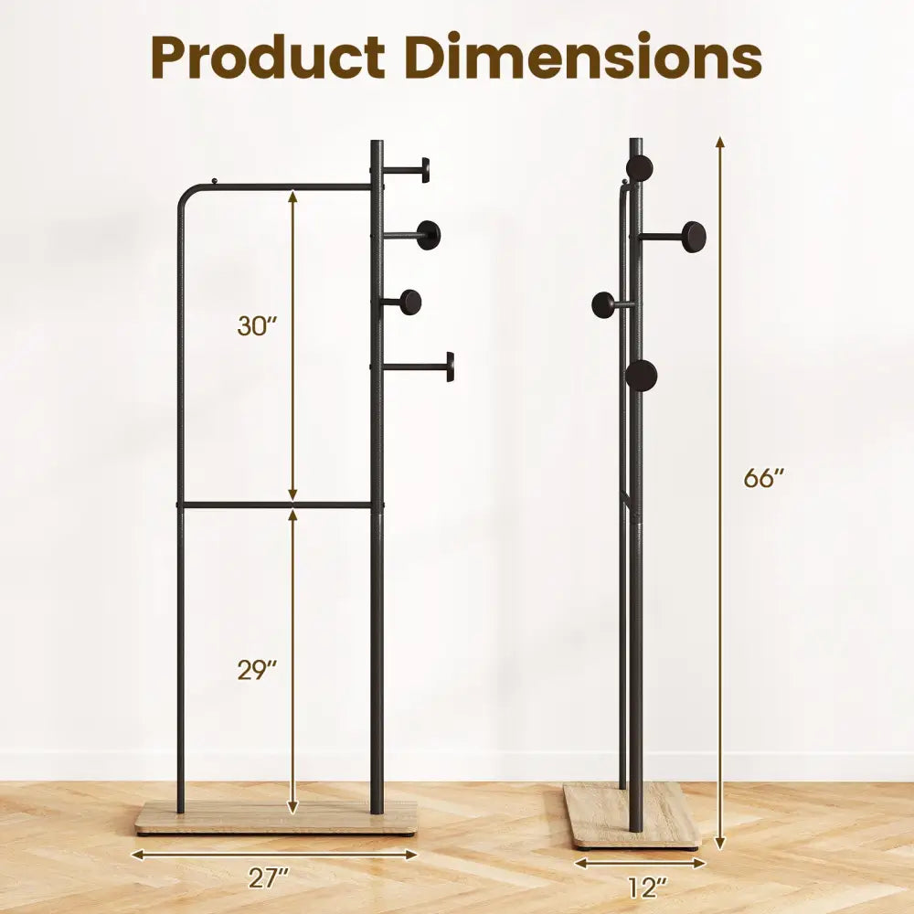 Double Rods Clothes Hanging Rack with Rubber Wood Hooks - Coat Racks & Hall Trees