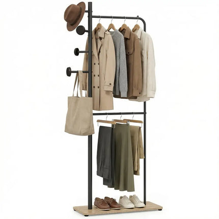 Double Rods Clothes Hanging Rack with Rubber Wood Hooks - Coat Racks & Hall Trees