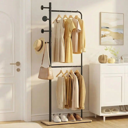 Double Rods Clothes Hanging Rack with Rubber Wood Hooks - Coat Racks & Hall Trees