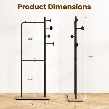 Double Rods Clothes Hanging Rack with Rubber Wood Hooks - Coat Racks & Hall Trees