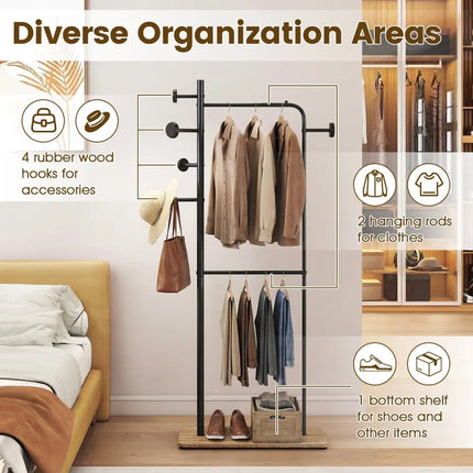 Double Rods Clothes Hanging Rack with Rubber Wood Hooks - Coat Racks & Hall Trees