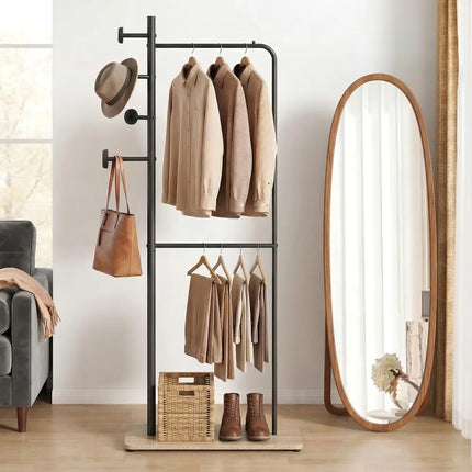 Double Rods Clothes Hanging Rack with Rubber Wood Hooks - Coat Racks & Hall Trees