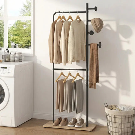 Double Rods Clothes Hanging Rack with Rubber Wood Hooks - Coat Racks & Hall Trees