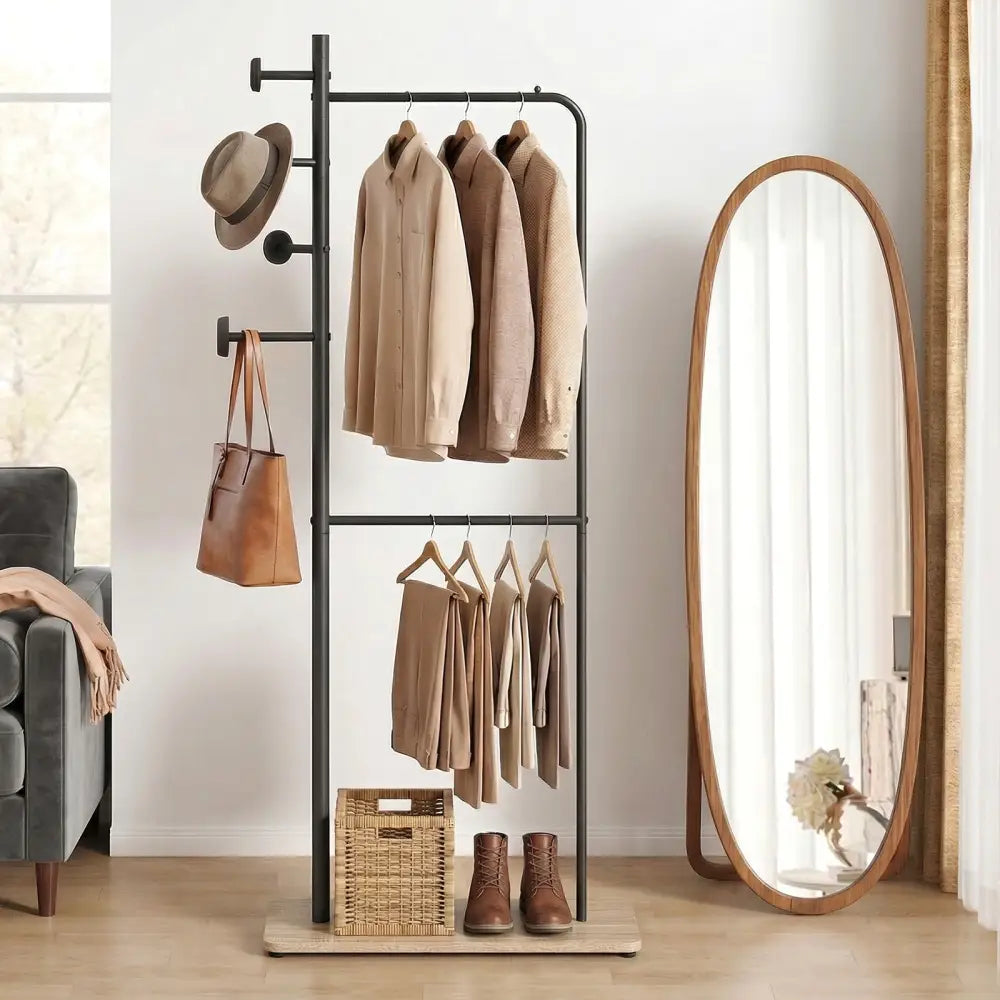 Double Rods Clothes Hanging Rack with Rubber Wood Hooks - Coat Racks & Hall Trees