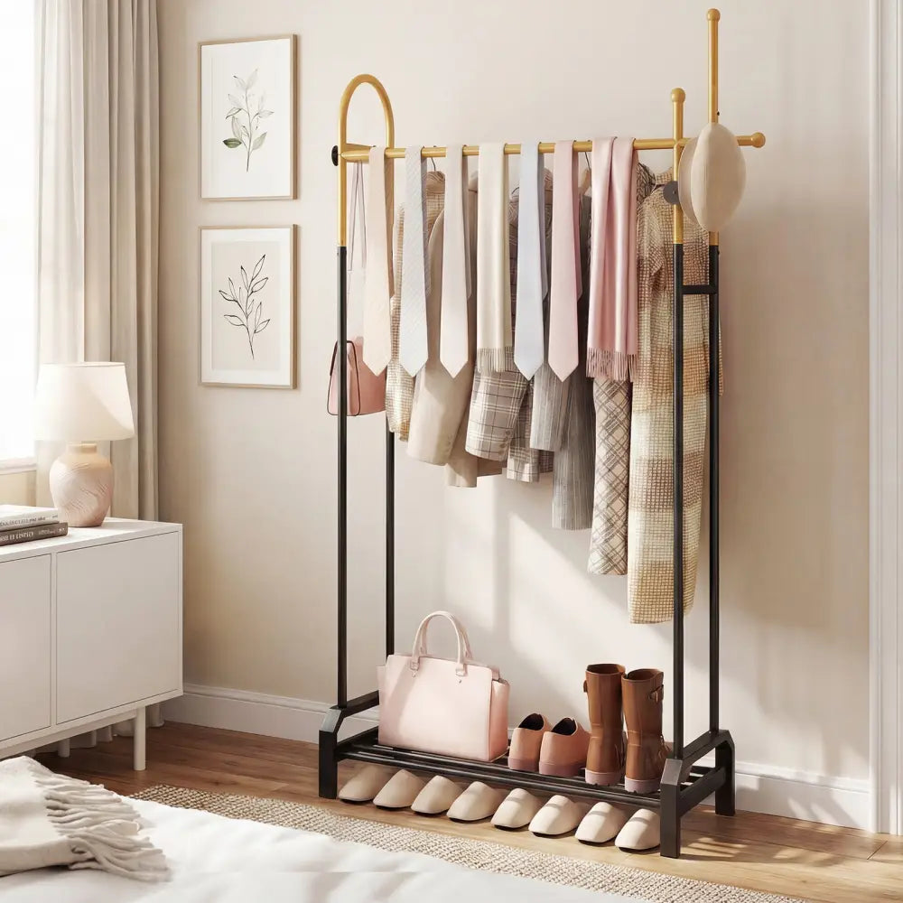 Double Rods Garment Rack for Hanging Clothes-Gold - Gold - Clothing & Closet Storage
