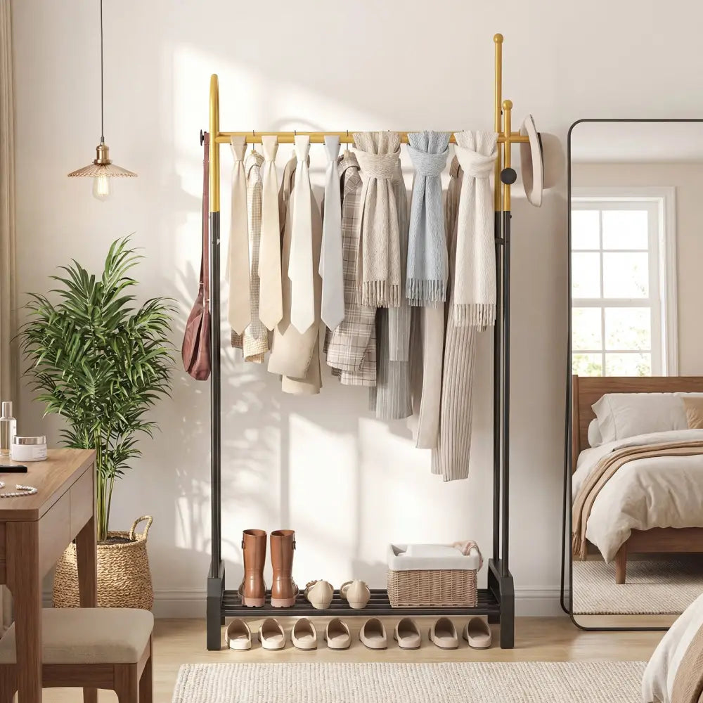 Double Rods Garment Rack for Hanging Clothes-Gold - Gold - Clothing & Closet Storage