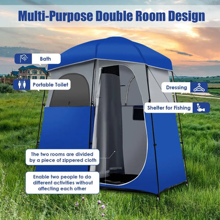 Double-Room Camping Toilet Tent with Floor and Portable Storage Bag-Blue - Blue - Tents
