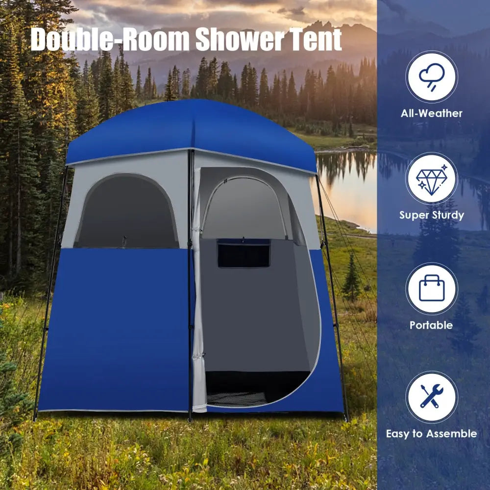 Double-Room Camping Toilet Tent with Floor and Portable Storage Bag-Blue - Blue - Tents