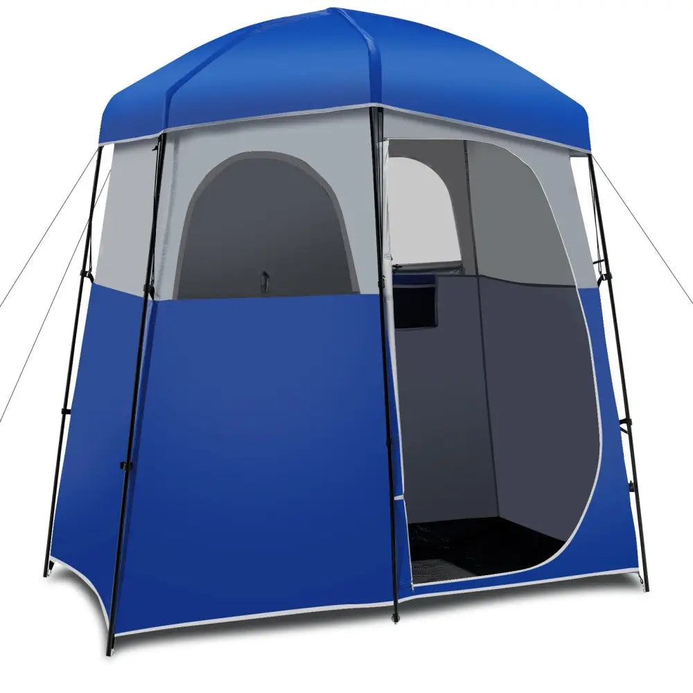 Double-Room Camping Toilet Tent with Floor and Portable Storage Bag-Blue - Blue - Tents