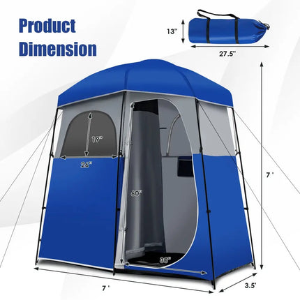 Double-Room Camping Toilet Tent with Floor and Portable Storage Bag-Blue - Blue - Tents