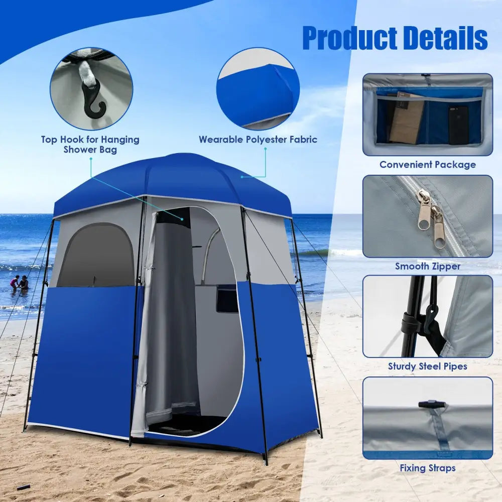 Double-Room Camping Toilet Tent with Floor and Portable Storage Bag-Blue - Blue - Tents