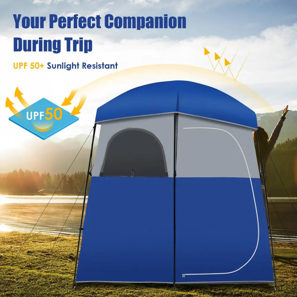 Double-Room Camping Toilet Tent with Floor and Portable Storage Bag-Blue - Blue - Tents