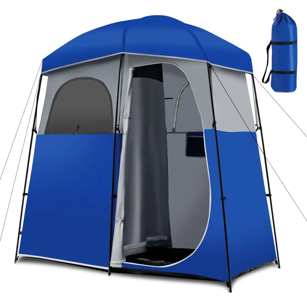 Double-Room Camping Toilet Tent with Floor and Portable Storage Bag-Blue - Blue - Tents