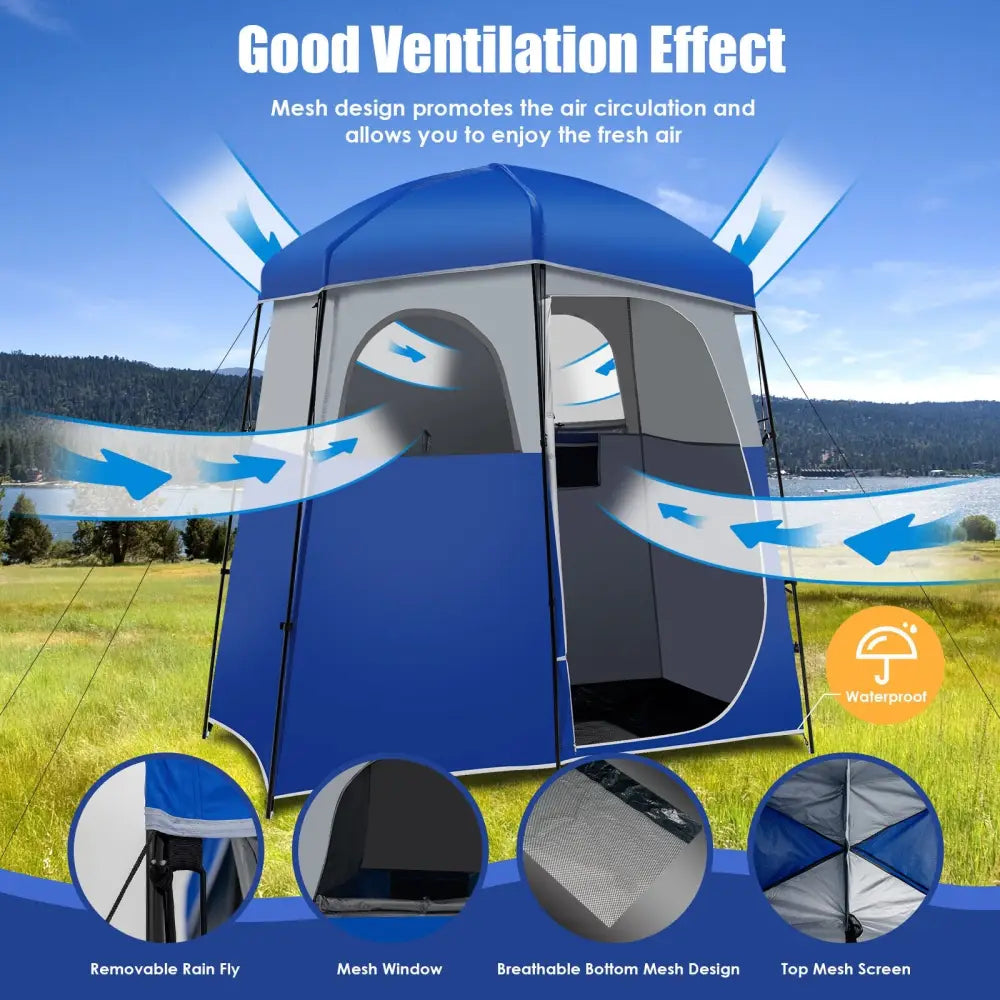 Double-Room Camping Toilet Tent with Floor and Portable Storage Bag-Blue - Blue - Tents