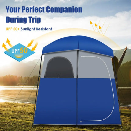 Double-Room Camping Toilet Tent with Floor and Portable Storage Bag-Blue - Blue - Tents