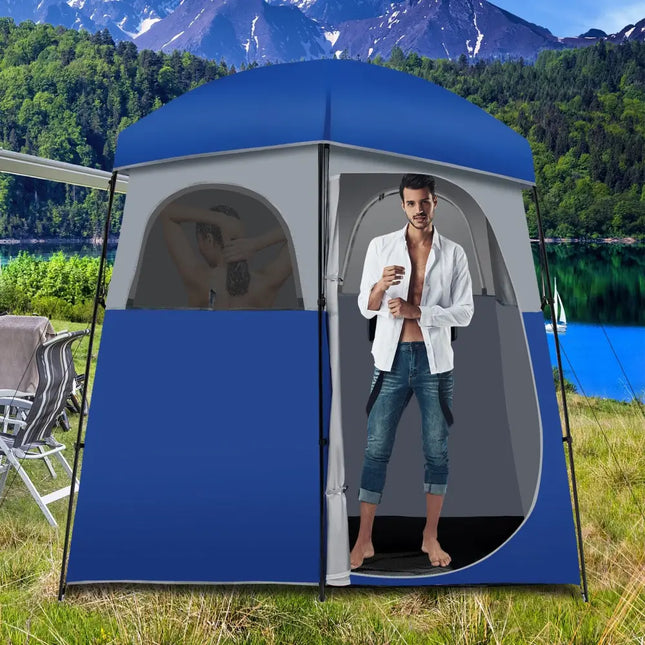 Double-Room Camping Toilet Tent with Floor and Portable Storage Bag-Blue - Blue - Tents